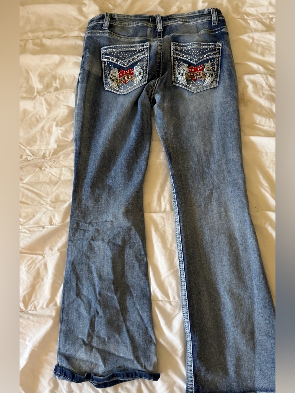 Embellished Back-Pocket Boot Cut Jeans - Medium Blue